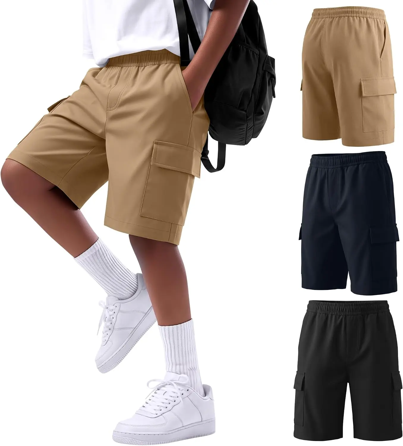 3 Pack Boys Uniform Cargo Shorts | Back to School Pants, Age 6-14 Kids, Pull on, Elastic Waist, Summer Teen Bermuda, Athletic, Comfortable for Daily Wear