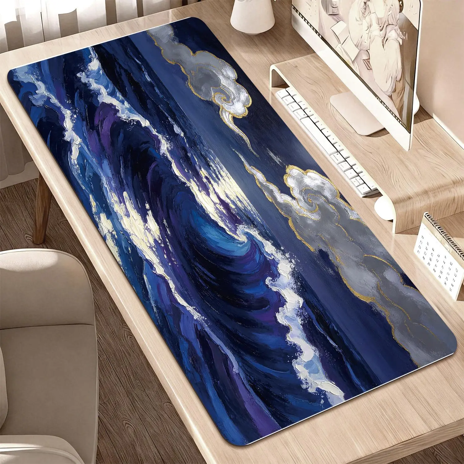 Premium Moonlit Ocean Waves Oil Painting Mouse Pad, 40x80cm High-Quality Computer Desk Mat, Non-Slip Durable Desk Accessory for Office Work & Gaming, Desk Accessories
