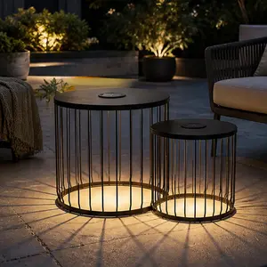 ARCH 2-Pack Solar Powered Nesting Side Table Set Modern Round End Tables with Solar LED Lights Metal Wire Cage Accent Tables Indoor Outdoor Patio Nightstand for Living Room Balcony Garden Matte Black, Black Color Options, Metal Material