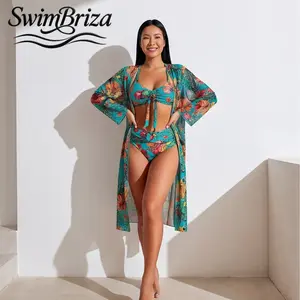 Briza｜Tropical Floral Print Ruched Bikini Sets for Women with High Waisted Bottom and Tie Front Top, Plus Swimsuit Cover Up, Two-Piece Vacation Swimwear, Summer Beach Bathing Suit Resort Outfit, Women's Swimwear, Bathing Suit for Women