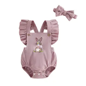 Baby Girl Eatser Outfits Newborn Infant Cute Bunny Ruffle Sleeveless Romper Bodysuit Jumpsuit Headband Overalls Outfits