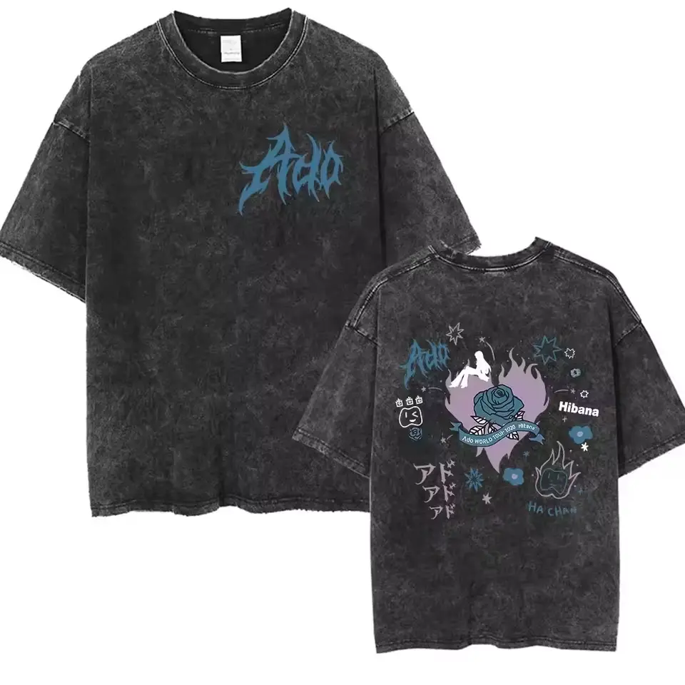 ADO Hibana World Tour 2026 Vintage Washed T Shirts Japanese Singer Fashion Oversized T-shirts Casual Aesthetic Short Sleeve Tees
