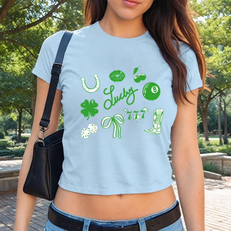St Patrick's Day Baby Tee, Y2k Cropped Trendy St Patty's Day Baby Tee, Green Lucky Women_s Baby Tee, Day Drinking Top, St. Patrick's Day Gift, Gift For Her