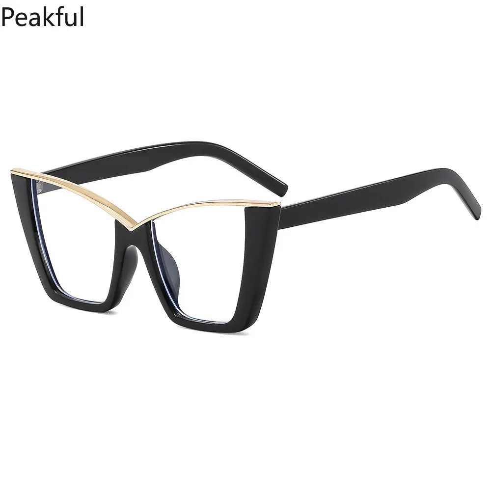 Oversized Cat Eye Clear Eyeglasses, Trending Rainbow & Black Frames, Stylish Metal Accent Anti-Blue Light Eyewear, bold angular silhouette & lightweight fit, perfect for daily office use, screen time, fashion photoshoots and statement looks
