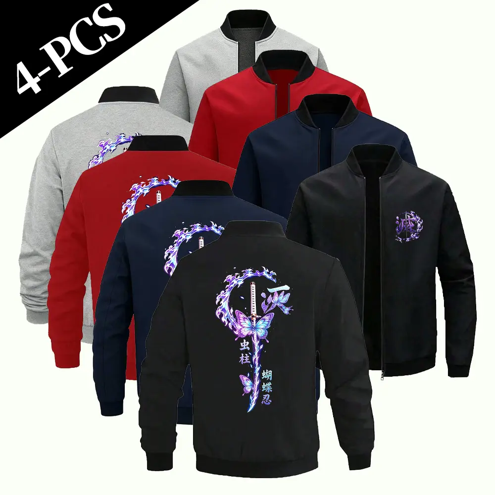 Demon Slayer Insect Hashira Shinobu Kocho Purple Butterfly Water Ring Anime Printed Black Stand Collar Zipper Baseball Jacket Loose Fit Versatile Daily Sports Commuting Casual Long Sleeve Outerwear