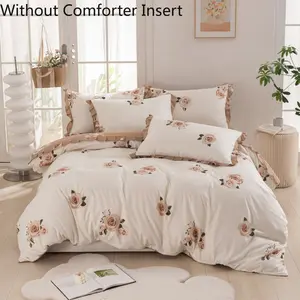 White  Duvet Cover Set Cream White Floral Bedding Set Light Pink Rose Flower Botanical Printed Cute Ball Fringe Farmhouse Aesthetic Bedding Queen with 2 Pillowcases shabby chic modern style bedroom decor