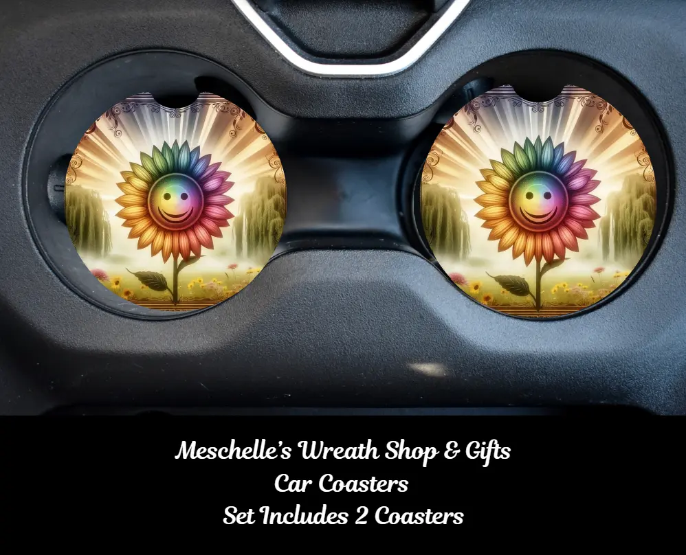 Sunflower Sublimation Car Coasters, 2-Pack Handcrafted 2-Cell Design Set, 2.6x0.24 In Neoprene/Ceramic, 2.75 In Fit, Spill-Proof, Easy to Clean, Standard Car Cup Protection & Stylish Interior Decor