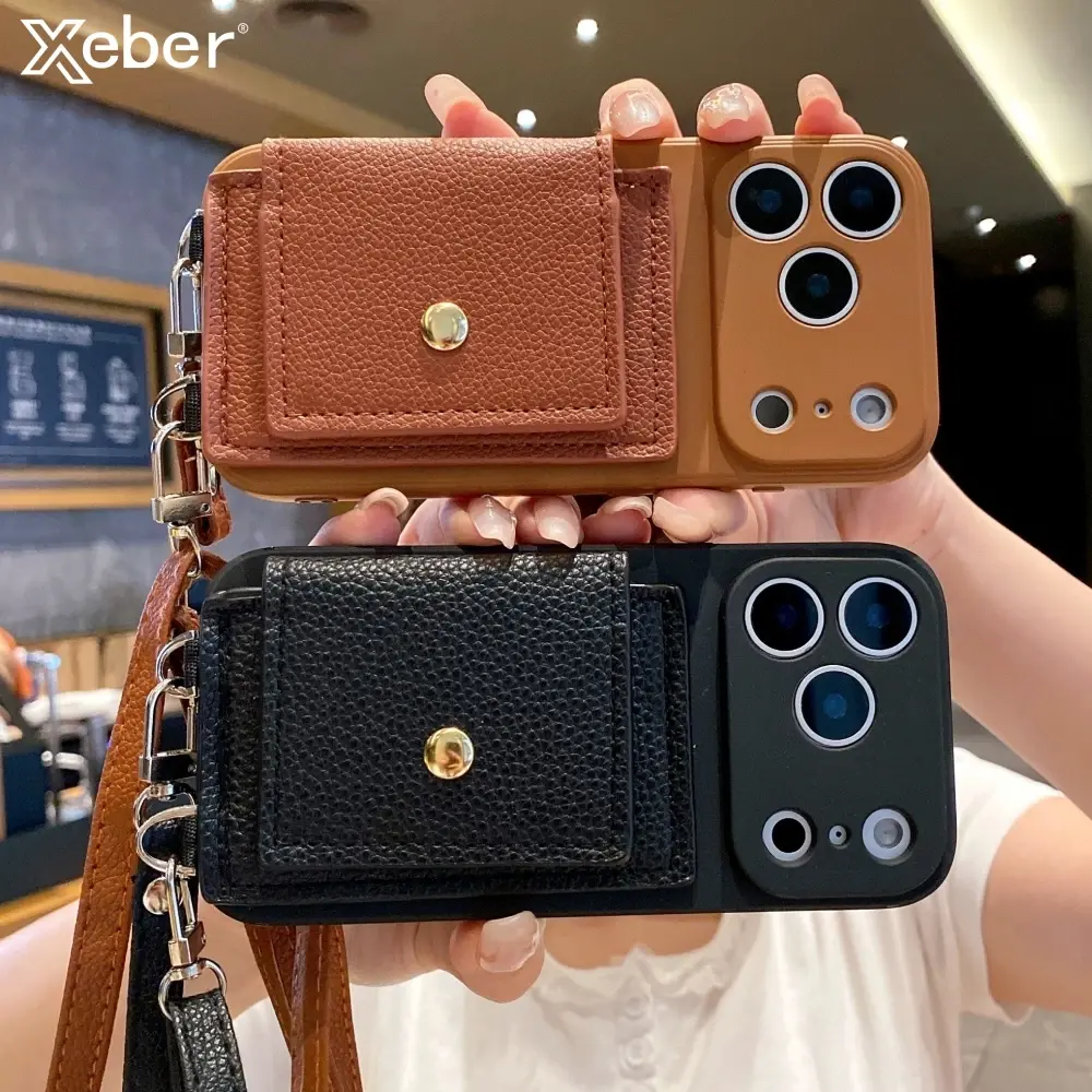 Flip Wallet Slot Card Holder Soft Silicone Case For iPhone 17 16 15 Pro Max 14 13 12 11 XR XS X Crossbody Necklace Lanyard Cover
