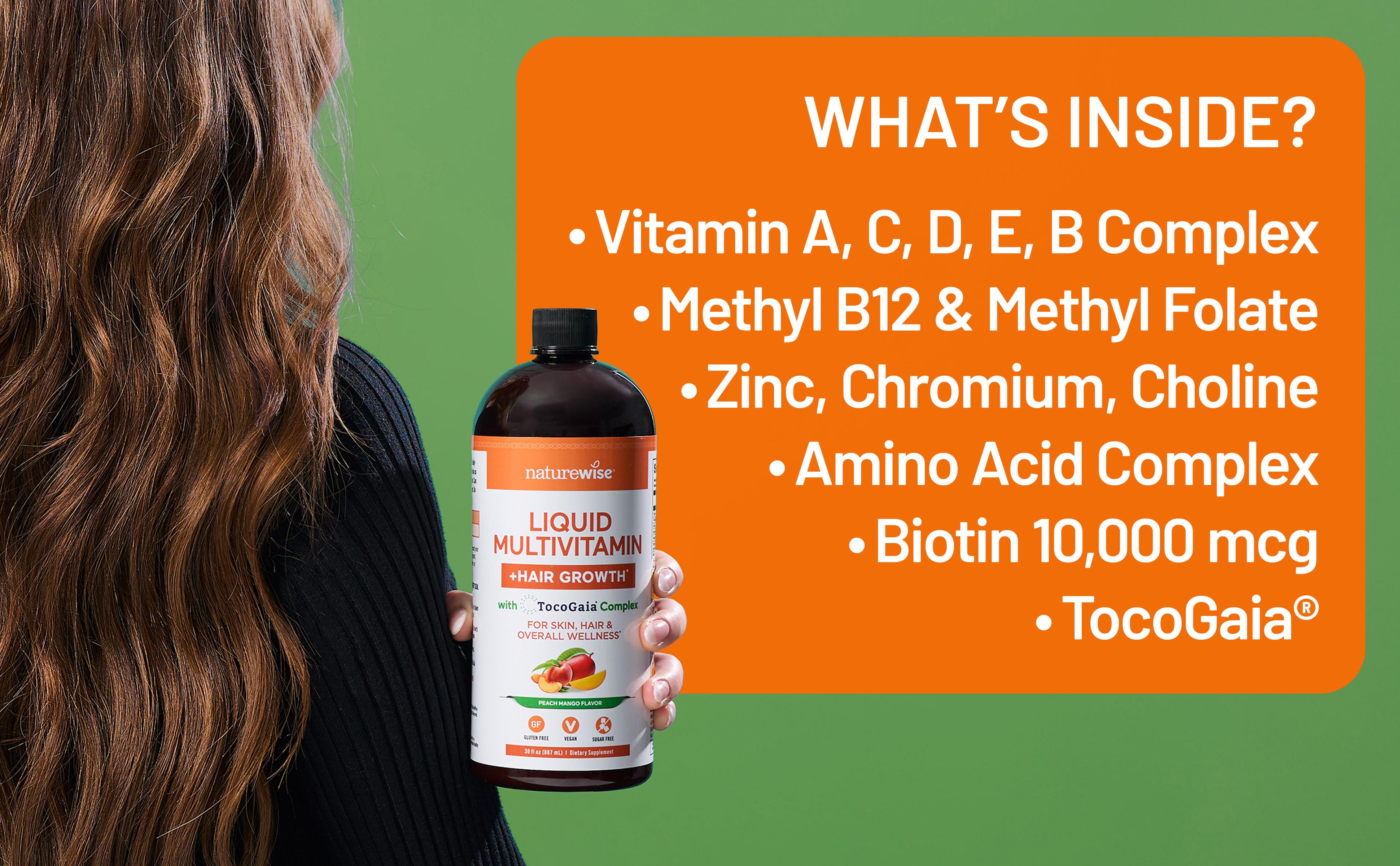 NatureWise Liquid Multivitamin Hair Growth for Women & Men + Tocogaia for Hair Growth & Skin Elasticity + Biotin, Vitamin D, E, B - Sugar Free Multivitamin - Peach Mango Flavor - Non-GMO - USA Manufactured NatureWise Liquid Multivitamin Hair Growth for Women & Men + Tocogaia for Hair Growth & Skin Elasticity + Biotin, Vitamin D, E, B - Sugar Free Multivitamin - Peach Mango Flavor - Non-GMO - USA Manufactured