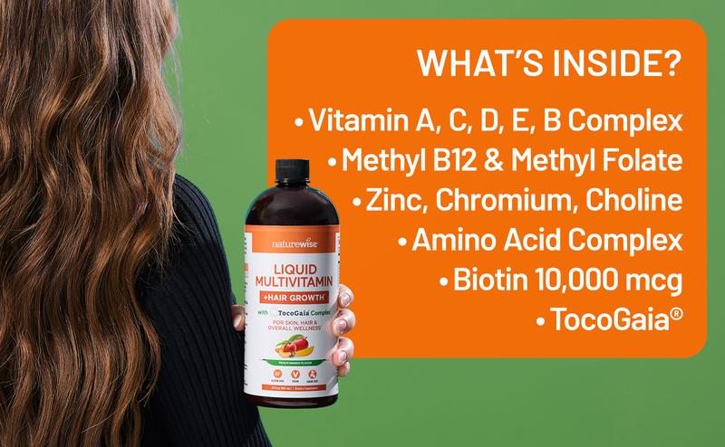 NatureWise Liquid Multivitamin Hair Growth for Women & Men + Tocogaia for Hair Growth & Skin Elasticity + Biotin, Vitamin D, E, B - Sugar Free Multivitamin - Peach Mango Flavor - Non-GMO - USA Manufactured