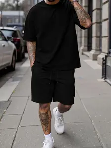 Men's Casual Two-Piece Set, Short Sleeve T-Shirt and Comfortable Shorts, Round Neck Top and Pocket Shorts, Plain Classic Style for Daily Wear