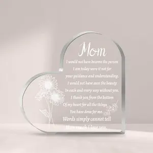 Acrylic Heart Shaped Ornaments for Room Decor, 1 Count Letter Pattern Desktop Decoration, Summer Gift, Creative Tabletop Adornment for Mom Mother Gifts Home Office Decor, Fall Decor, Flowers Pattern, Heart Plaque