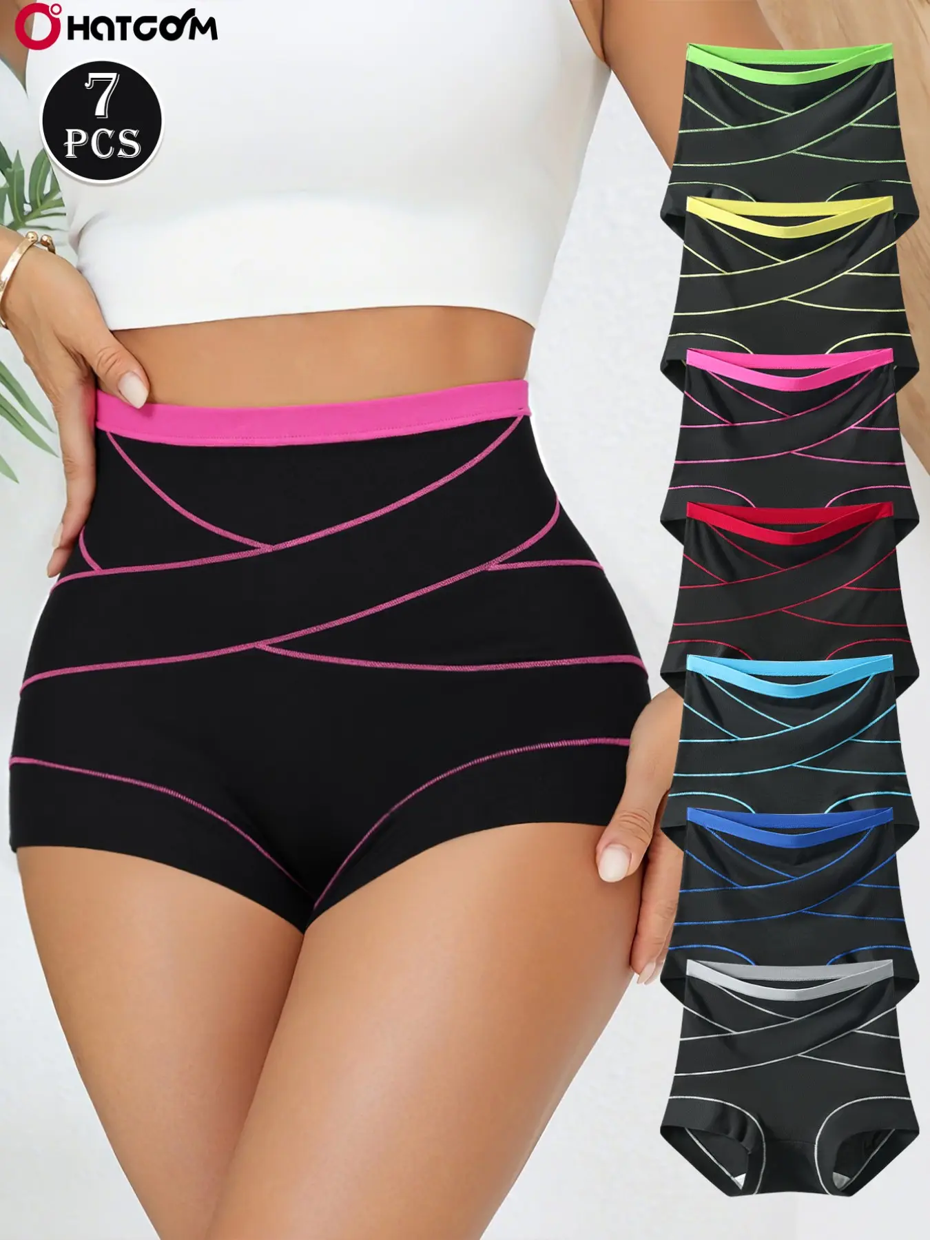 Women's High-Waist Tummy Control Shapewear Set, Abdomen Control Garment, Activewear - 7-Pack Bandage-Style Sports Underwear, Elastic Full Coverage Butt Lifting Shaping, Breathable Crotch for Sweat-Free Comfort, for Gym Daily Wear, Colorblock Stripe Design