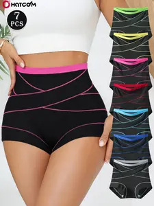Women's High-Waist Tummy Control Shapewear Set, Activewear - 7-Pack Bandage-Style Sports Underwear | Elastic & Full Coverage + Butt Lifting & Shaping, Breathable Crotch for Sweat-Free Comfort, for Gym, Daily Wear, Color-Block Stripe Design