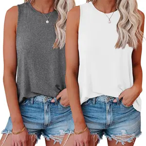 Digitex 2Pack Summer Tank Tops for Women Plain Round Neck Sleeveles T Shirts Loose Breathable Workout Racerback Tank Tops Soft Polyester Solid Color