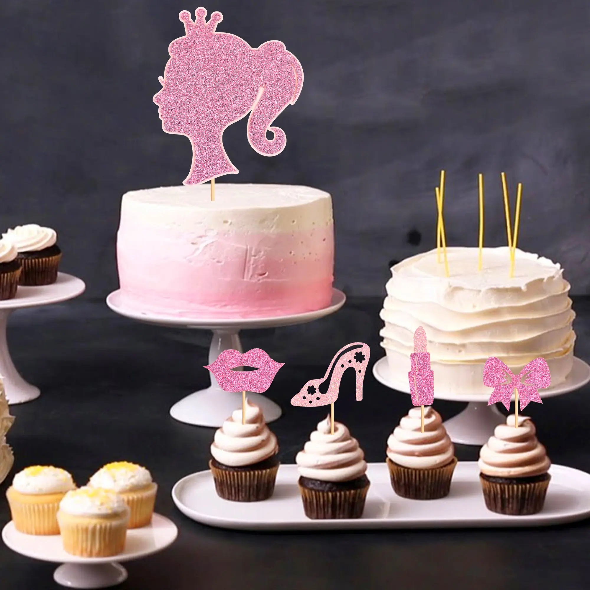 13 Barbie Princess Head Cake Toppers, High Heel Bow Tie Birthday Party Decorations, Wedding Cake Decoration Set (1 Large + 12 Small)