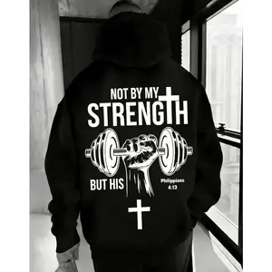 Vintage Unisex Hoodie, Dual-Sided Print Design, Inspirational Text & Cross Dumbbell Graphics, Casual Daily Wear, Comfortable Fit