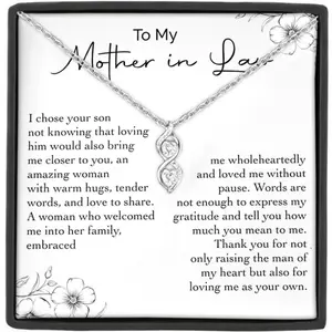 To My Mother in law Double Heart Zircon Pendant Necklace with Card and Gift Box, Mother's Day Birthday Christmas Gift, Heart Shaped Necklace