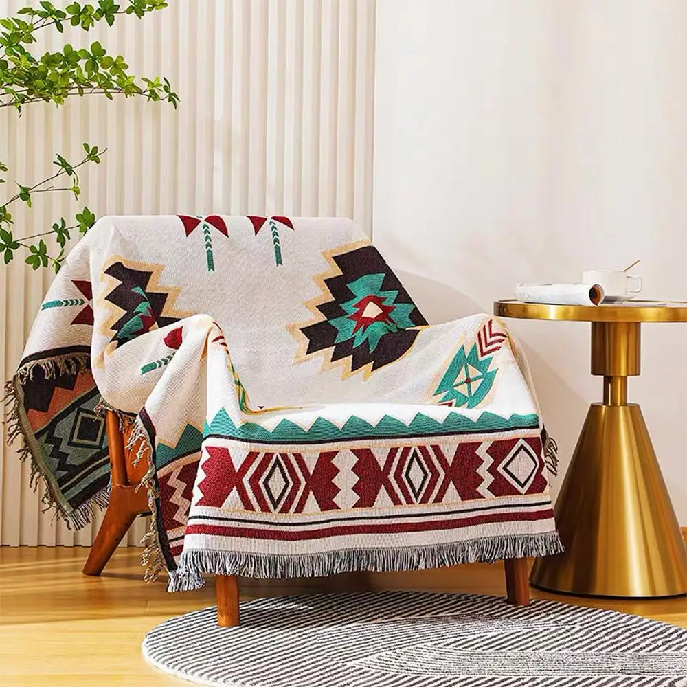 Vintage Geometric Print Tassel Throw Blanket, 1 Count Rectangle Warm Keeping Air-conditioning Quilt, Multifunction Blanket for Outdoor Camping Picnic