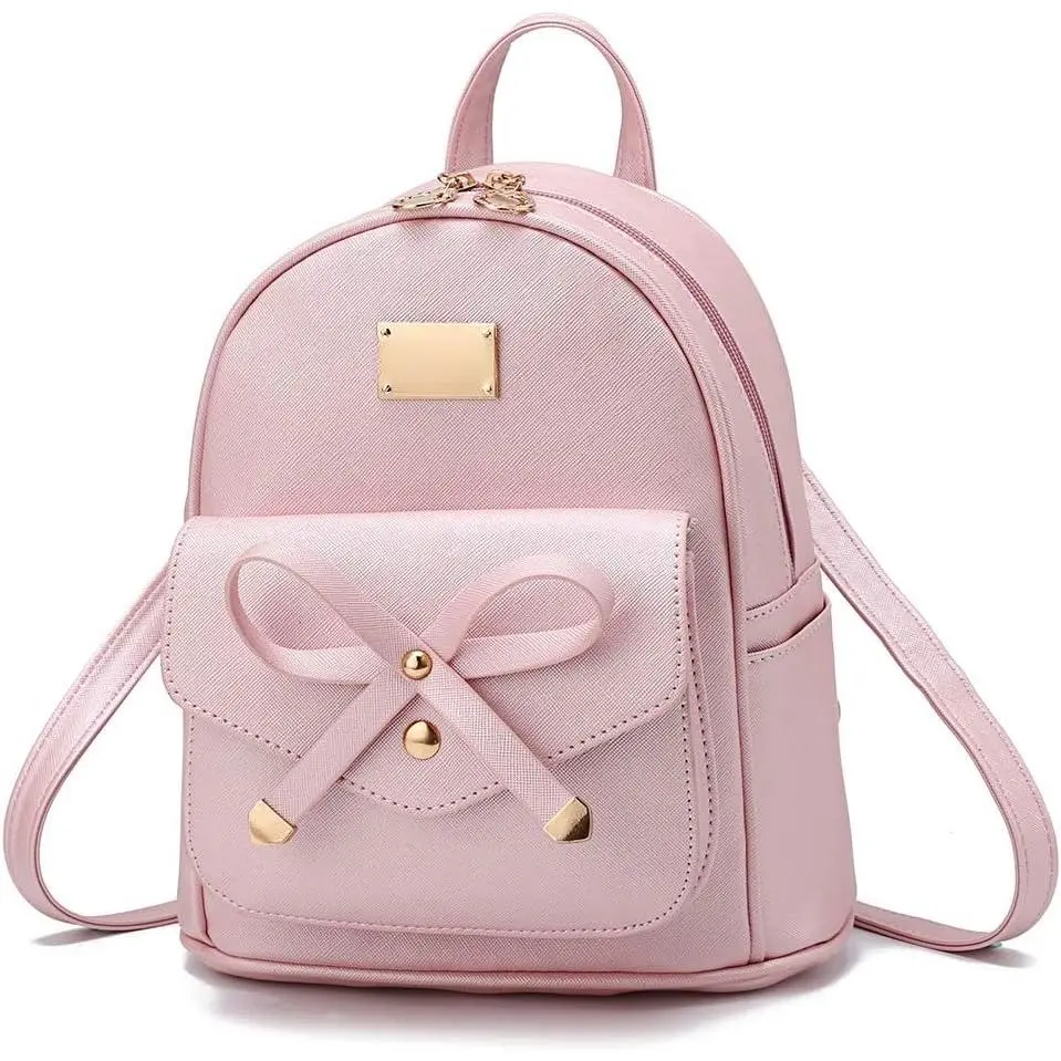 Cute Bowknot PU Leather Mini Backpack for Women & Girls, Small Multi-Pocket Zip Backpack Purse with Adjustable Straps
