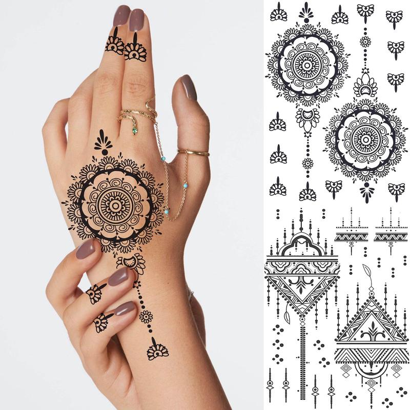 Henna Pattern Temporary Tattoo Sticker, 4 Sheets Waterproof Fake Jewelry Lotus Bracelet Tattoo Sticker, Henna Stencils, Body Art Decoration for Women & Girls