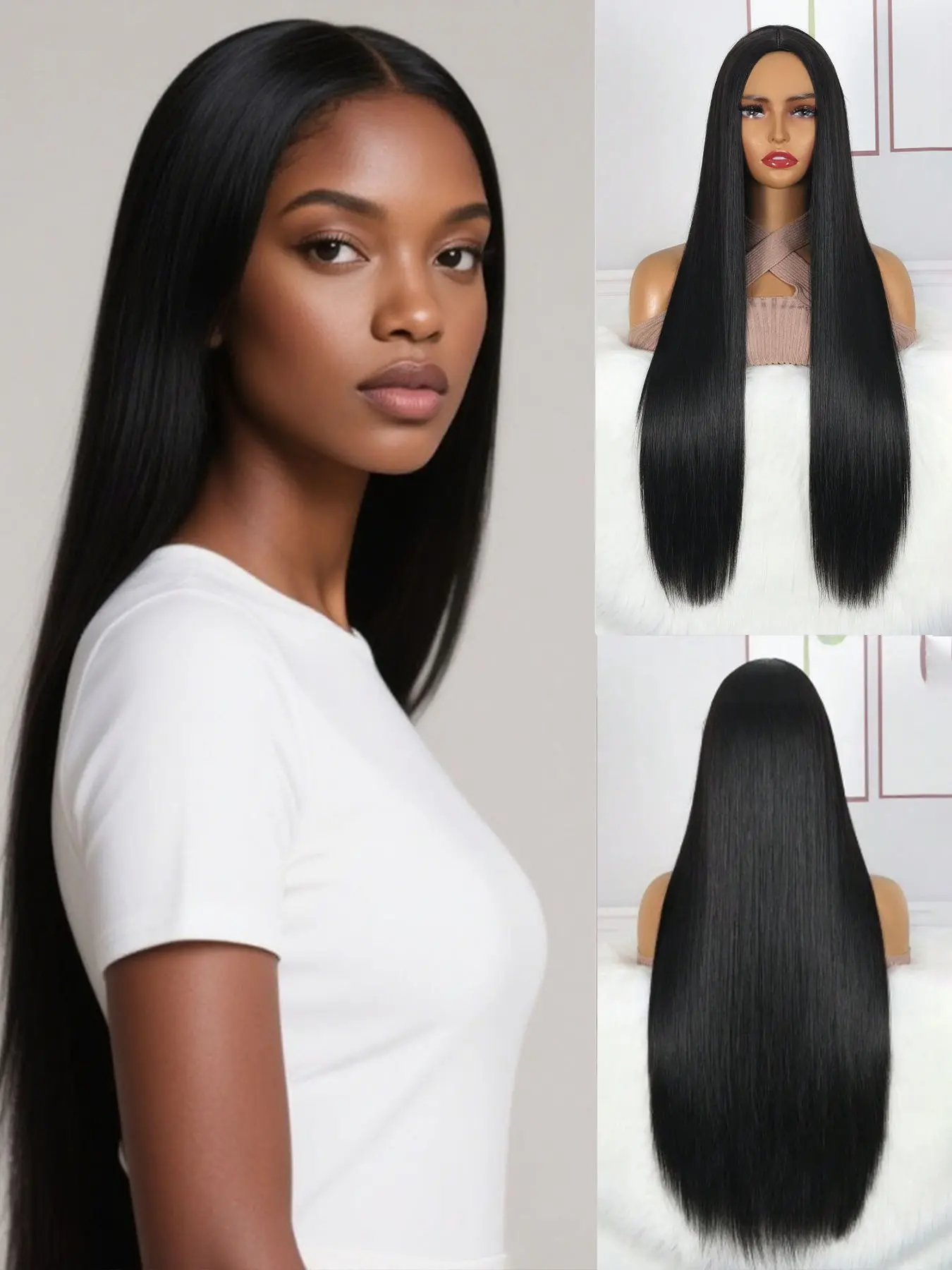 34 Inch High Temperature Fiber Straight Synthetic Smooth Wig, Elegant 150% Density, Rose Net Cap for Women, Long Hair Style, Heat Resistant Wigs