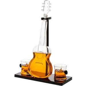 Guitar Whiskey & Wine Bottle Decanter, Cherrywood Base, 1000 Ml Glass, Includes 2 X 10oz Cups, Perfect Gift for Music Lovers