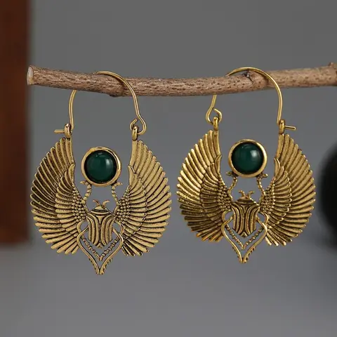 Vintage Egyptian Inspired Design Artificial Gemstone Decor Dangle Earrings, Statement Earrings, Gifts for Girlfriend, Wing Design Drop Earrings, Bohemian Earrings, Fashion Jewelry Accessories for Women