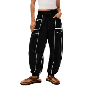 Women's New Loose Wide Leg Pants, Casual Drawstring Elastic Waist Trouser, Large Pockets, European Style Ladies Fashion Bottoms