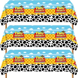 3 Pack Birthday Party Tablecloth Two Infinity and Beyond Cow Pattern Printed Blue Sky White Cloud Table Cover for Birthday Party Decorations Blue Yellow