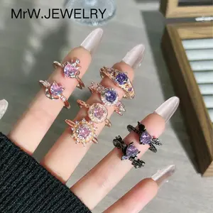Pink and Purple Dreamland Radiant Light Luxury Sunflower Crown Main Diamond Elegant Ring for Women, Minimalist Style, High-End Niche Ring