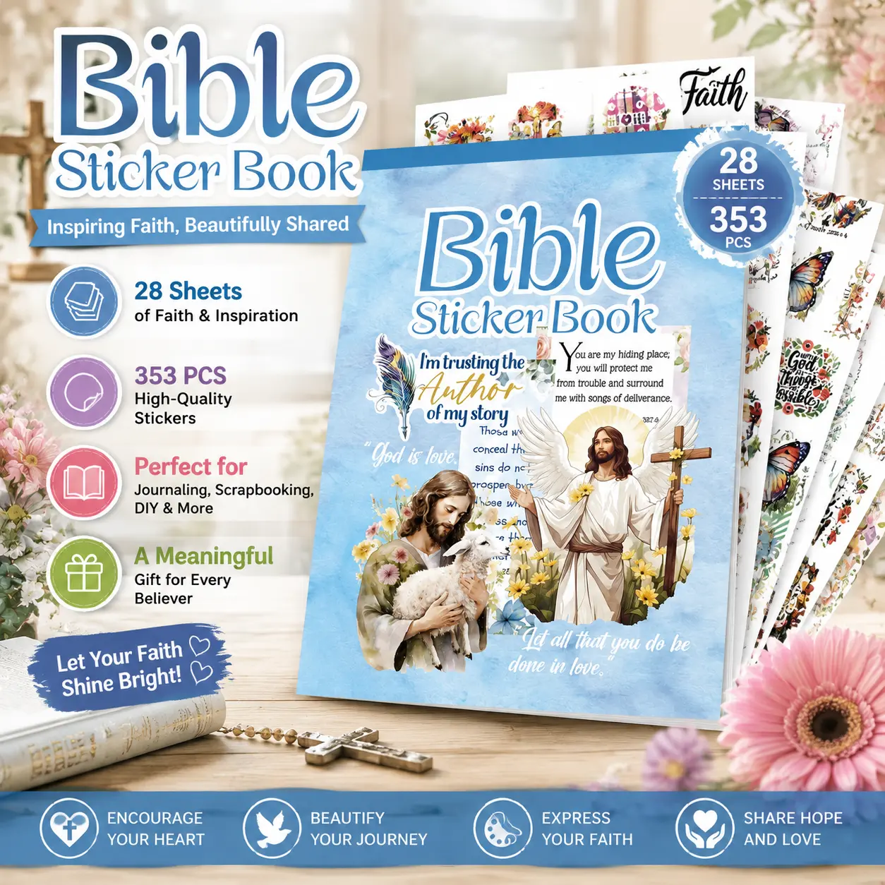 353PCS Vibrant Bible Sticker Book Blue Cover Religious Vinyl Stickers for Journals Planners Scrapbooks DIY Crafts Waterproof Multi-Style Cut Film Stickers Easter Christian Stationery