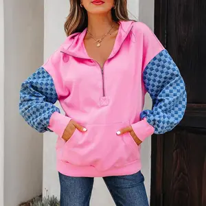 Women��s Color Block Checkered Drop Shoulder Kangaroo Pocket Half Zipper Hoodie��gift��