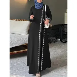 Elegant Spring Lace Knit Long Dress, Muslim Turkish Robe, Loose Fit Women's Long Sleeve Round Neck Islamic Gown
