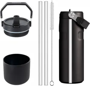 1 count Tumbler Lid Replacement Fit for  IceFlow Flip Straw 2.0 Water Bottle 24oz, Plus Protective  Boot for Iceflow 24 OZ, with 2 Straw Replacement and 1 Cleaner Brush (Black, 24oz)