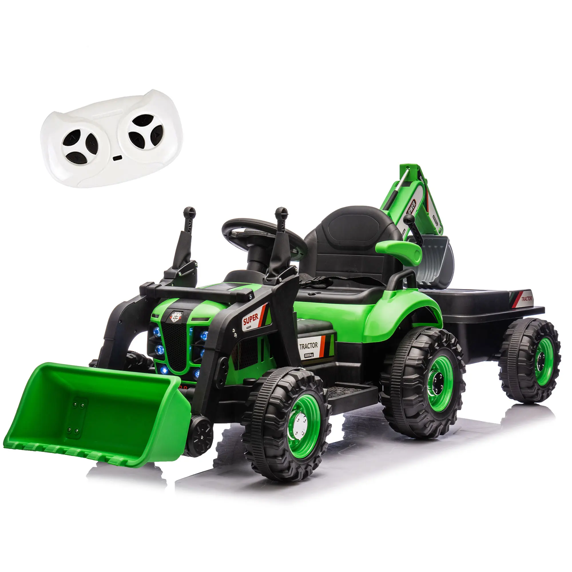 24V Kids Ride-On Electric Tractor Toy (3-4 Years) - 4-in-1 Polypropylene Attachments, Parent Remote Control, 3-Speed Adjustable Settings, Music Player, LED Tail Lights, Swivel Seat, Detachable Wagon, Manual Backhoe Lever, Fun Playtime Option, Bluetooth