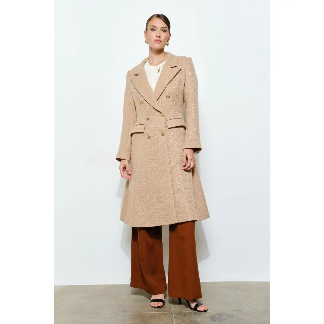 Kate Tweed Double Breasted Long Coat - Tan