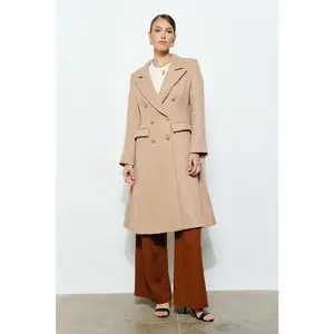 Kate Tweed Double Breasted Long Coat - Tan