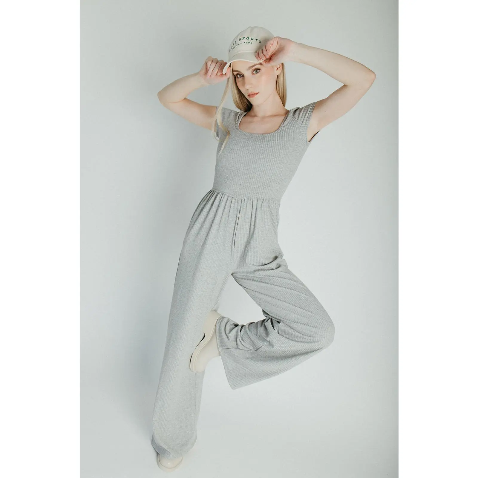 The Vecina Ribbed Jumpsuit in Heather Grey