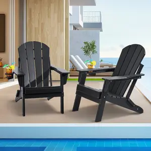 VEVOR Adirondack Chair Plastic, Set of 2 All-Weather Portable Folding Fire Pit Chair, Outdoor Adirondack Patio Chair with Cup Holder, with Relaxing Arm Rest Ergonomic, for Garden, Backyard - Black