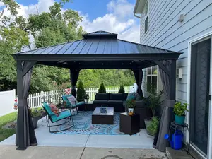 Domi Outdoor Living 12’ X 12’ Hardtop Gazebo, Outdoor Aluminum Frame Canopy with Galvanized Steel Double Roof, Outdoor Permanent Metal Pavilion with Curtains and Netting for Patio, Backyard and Lawn