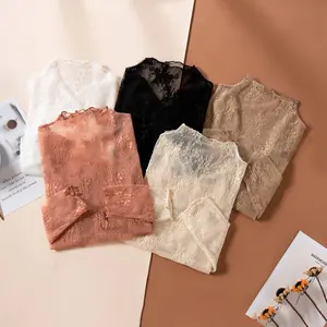 3PCS Mix Color See-Through Flroal Knitted Top Women Half High Collar Mesh Bottomed Blouse Shirt Lace Ear Edge Hollow Long Sleeve Lace Top