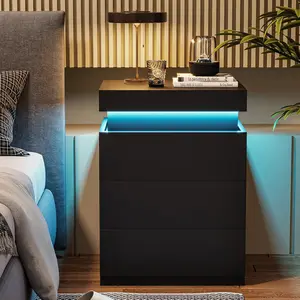 ADORNEVE Nightstand - Modern Bedroom Bedside Table with Charging Station, LED Lights, Sliding Top, and Drawers, Indoor End Side Table