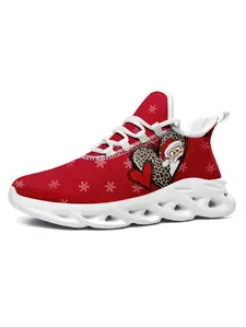 Women's Fashionable Santa Claus & Heart Designed Print Lace Up Front Low Top Blade Sole Sneakers, Casual Comfortable Sports Running Shoes, Female All-match Round Toe Shoes for Daily Wear