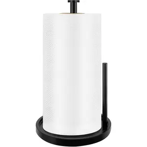 Countertop paper towel holder, freestanding paper roll holder with non-slip weighted base, stainless steel kitchen freestanding paper towel holder, black