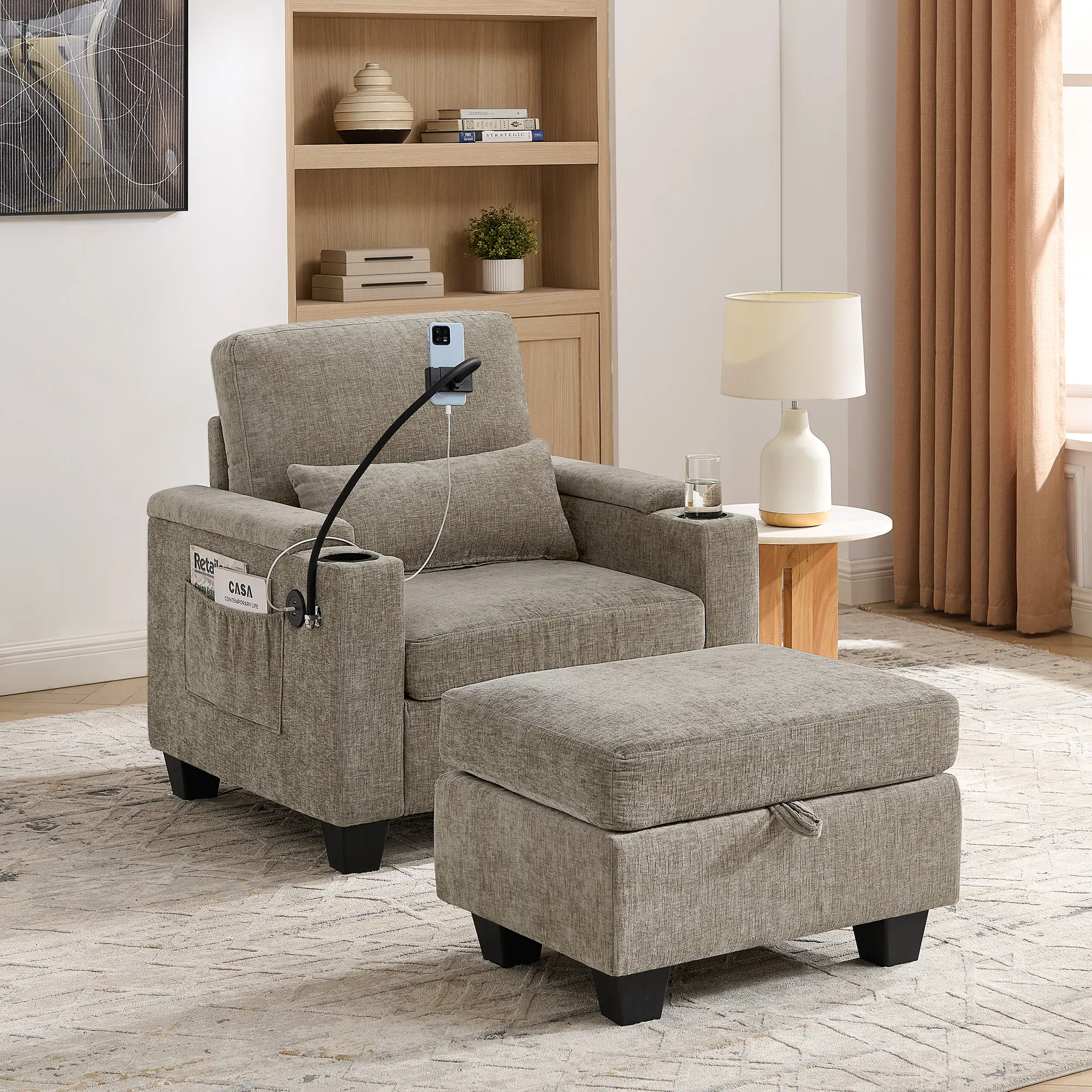 Niccae Single sofa recliner with manually adjustable backrest, USB charging port on the armrest side, phone stand included, hidden armrest storage, and a matching storage ottoman-Brown