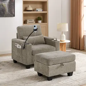 Niccae Single sofa recliner with manually adjustable backrest, USB charging port on the armrest side, phone stand included, hidden armrest storage, and a matching storage ottoman-Brown