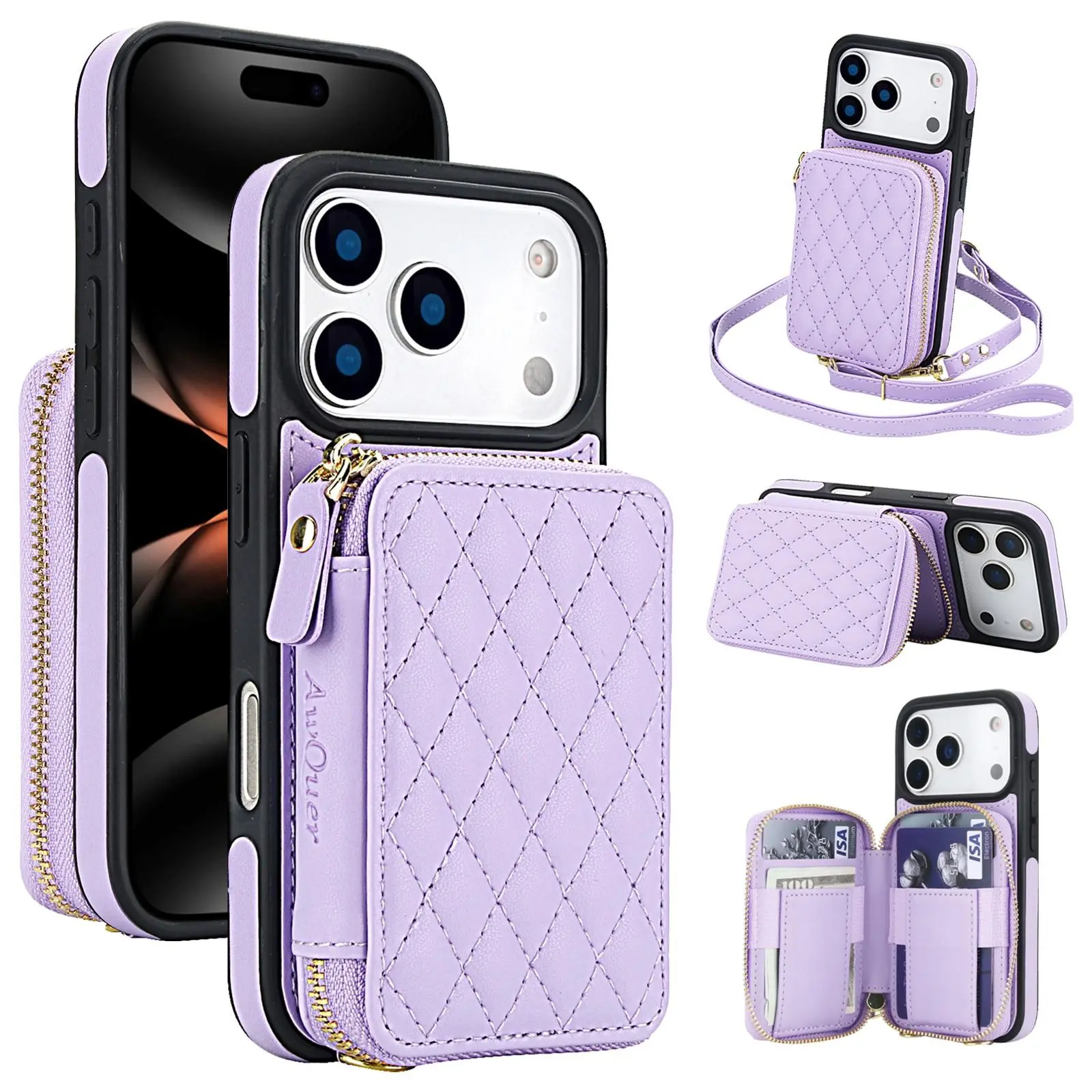 Fogepix Crossbody Strap Wallet Case For iPhone 17 Pro Max Air 16 15 14 13 Cover with Card Holder PU Leather Case with Lanyard Wrist Handbag Purse Flip Kickstand Case Cover
