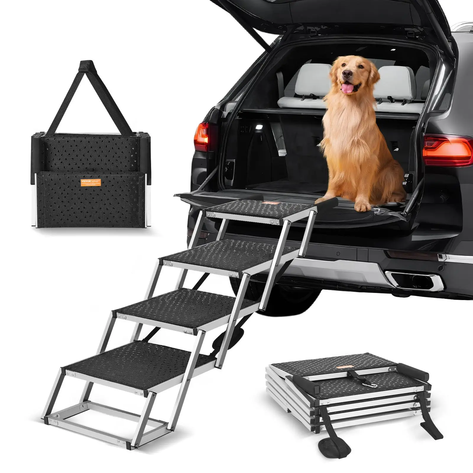 VEVOR Dog Stair for Cars, Wide 4-step Dog Car Steps, Folding Dog Car Ramp with Nonslip Surface, Portable Pet Steps Lightweight Aluminum for Car, SUV a