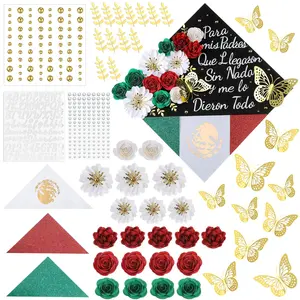 DIY Graduation Cap Decoration Kit Includes Mexican Style Flower Heads 3D Butterfly Stickers Glitter Rhinestones Pearl Stickers Alphabet & Number Letters for Grad Hat Topper Graduation Party Supplies